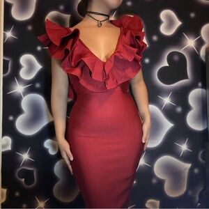 red ruffle bodycon midi dress